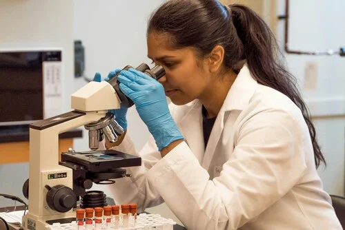 A researcher with a microscope